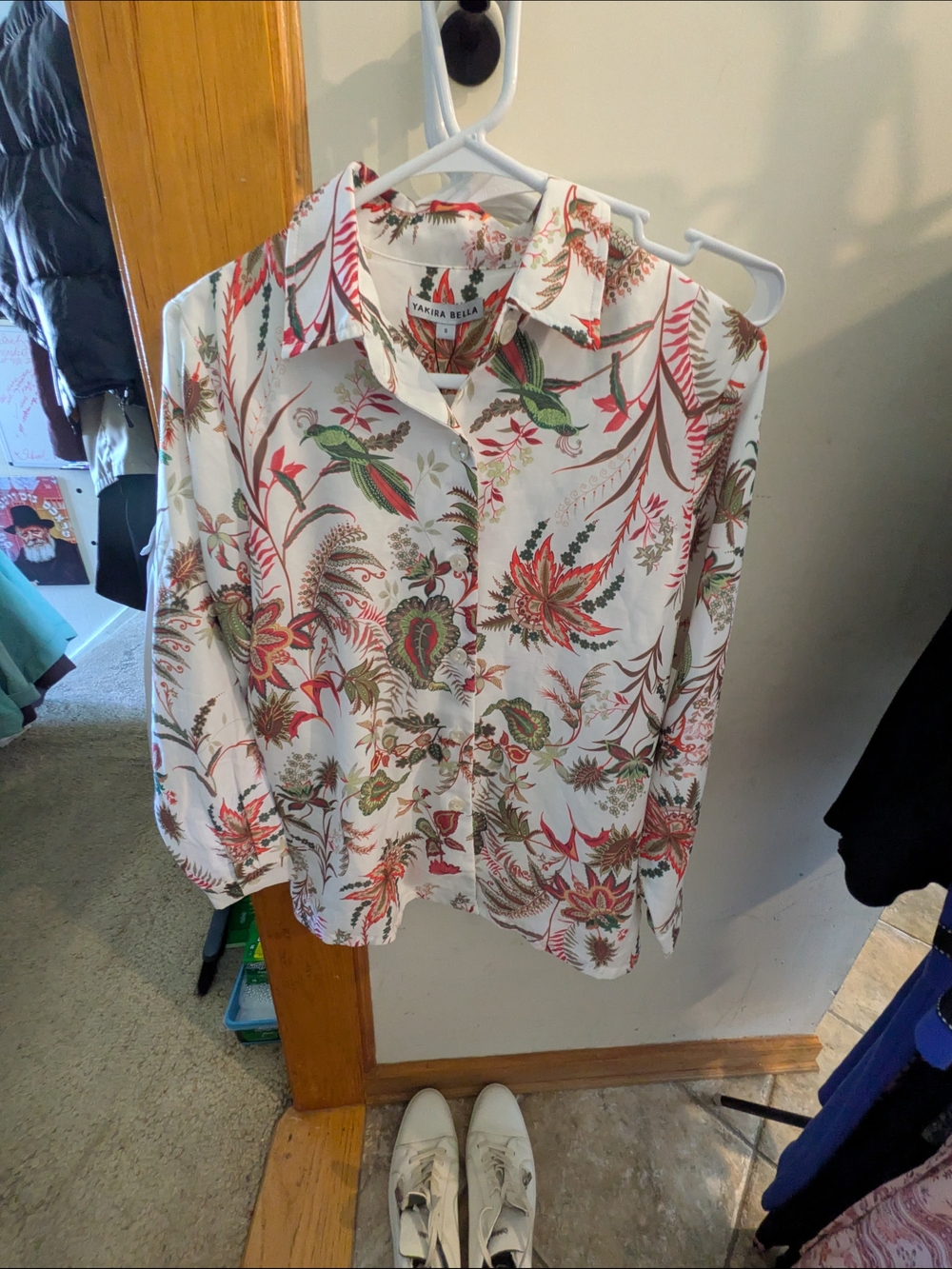Yakira Bella Tropical Hummingbird Bird Floral Print Button Down Blouse Small